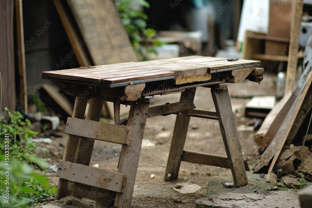 Fototapeta premium Rustic wooden workbench outdoors