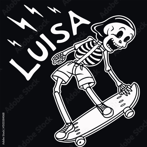 Dynamic skateboard design featuring a playful skeleton named Luisa, set against a bold black background. Perfect for apparel, stickers, and graphic art showcasing a fun, edgy vibe.