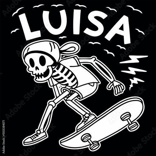 Dynamic skateboard design featuring a playful skeleton named Luisa, set against a bold black background. Perfect for apparel, stickers, and graphic art showcasing a fun, edgy vibe.