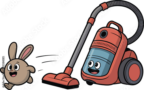 Cartoon vacuum cleaner chasing a cute bunny depicting cleaning and pet related concept