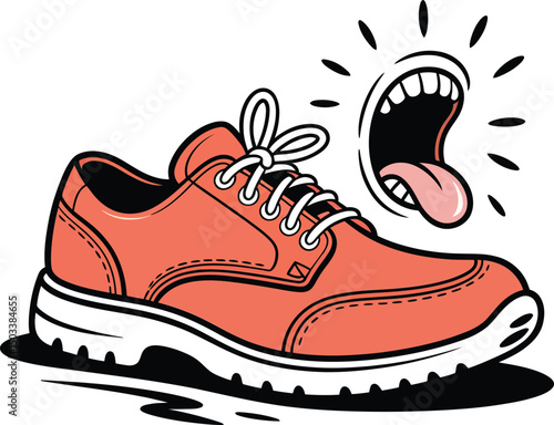 Cartoon illustration of an orange sneaker with open mouth and tongue emphasizing fun
