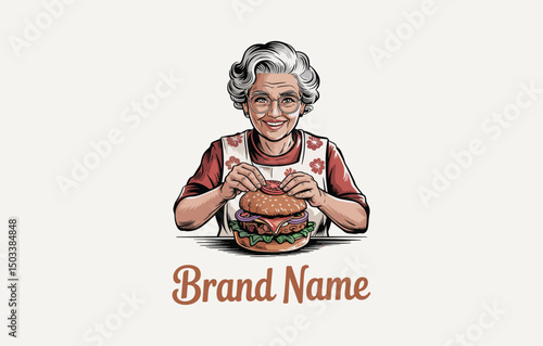 Vintage Illustration of a Grandmother Making a Delicious Burger, logo design