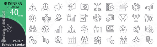 Business strategy related icons set. Including planning, goal, decision, analysis, success, vision, roadmap, and execution. Editable stroke. outline icons.