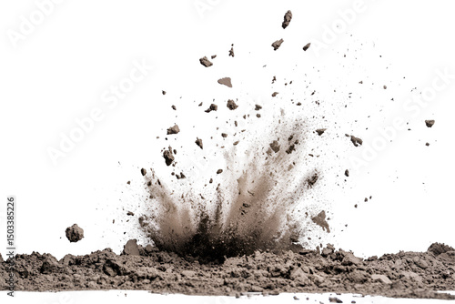 Dramatic soil explosion with flying debris