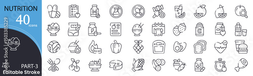 Nutrition related icons set. Including healthy food, diet, vitamins, fruits, vegetables, supplements, and wellness. Editable stroke. outline icons.