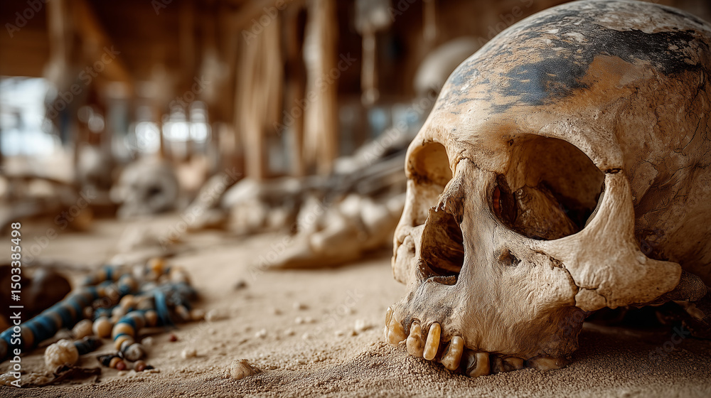 Fototapeta premium Ancient skeleton with visible pelvic bones, forensic tools nearby; uncovering human history through bone analysis series