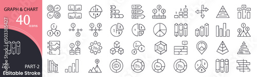 Graph and chart related icons set. Including data, analytics, bar, pie, line chart, growth, report, and statistics. Editable stroke. outline icons.