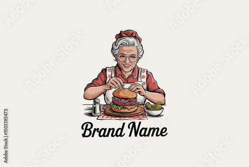 Vintage Illustration of a Grandmother Making a Delicious Burger, logo design