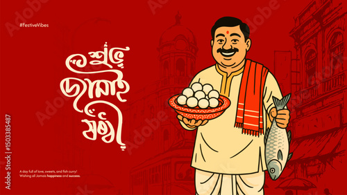 A cheerful illustration of Jamai Sasthi with a Bengali man holding sweets and fish, celebrating love and tradition. Perfect for festive greetings, cultural posters, and regional art.