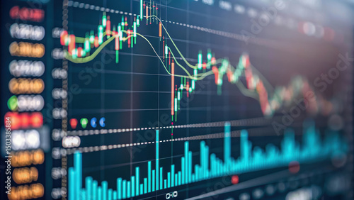 Wallpaper Mural Image shows financial trading chart with candlestick patterns, line graphs, and volume bars indicating market fluctuations and trading activity Torontodigital.ca