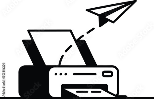 Illustrated printer ejecting a paper airplane representing communication and sending messages