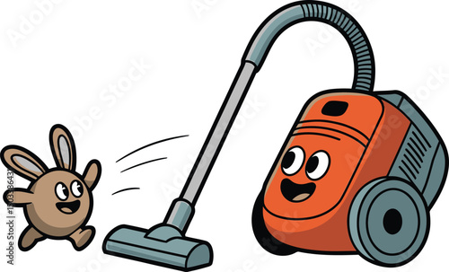 Cartoon vacuum cleaner chasing a happy cartoon creature on a white background