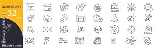 Gears update related icons set. Including settings, tools, process, maintenance, repair, upgrade, and system. Editable stroke. outline icons.