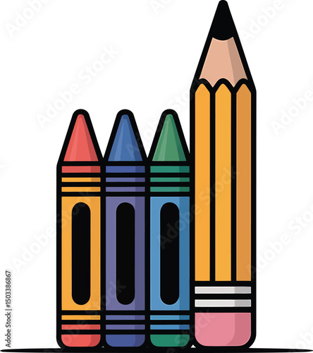Colorful crayons and pencil illustration representing education supplies and creative art tools
