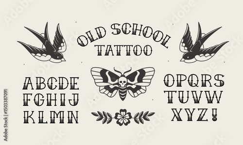 Old School tattoo vintage monochrome type font vector template for apparel dsgn. Traditional tattoo elements of swallow bird and Hawkmoth. Retro rock n Roll style font. Traditional Tattoo Alphabet