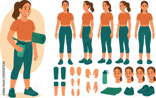 Sporty girl wearing fitness clothes holding protein shaker. Character constructor for animation. Front, side and back view set. Body parts, postures, poses collection. Vector illustration