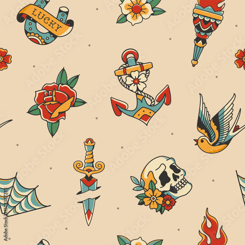 Old school tattoo background for apparel print design. Traditional tattoo seamless pattern of  old school rock elements set of  elements set of skull head, anchor, torch, rose flower, lucky horseshoe
