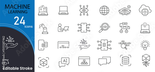 Machine learning related icons set. Including AI, data, algorithm, brain, automation, neural network, and model. Editable stroke. outline icons.