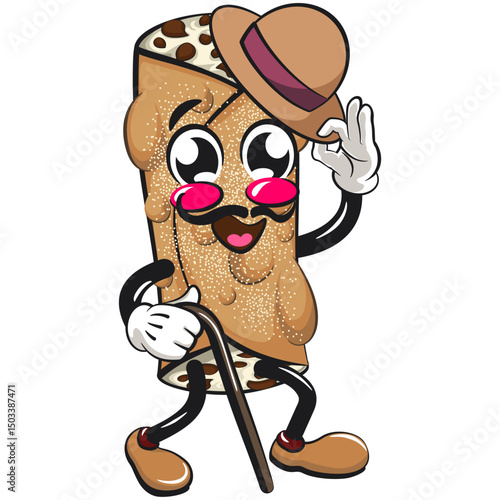 cute cannoli vektor illustration mascot character carrying a stick and saluting with raised hat, work of hand drawn