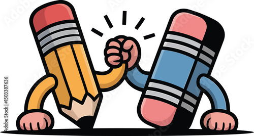 Friendly pencil and eraser characters shaking hands expressing teamwork and education concepts