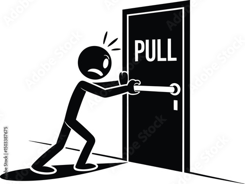 Frustrated stick figure trying to pull a door open with visible effort