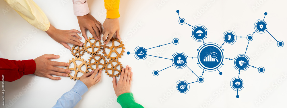 Obraz premium Collaborative Management Strategies with Gears Symbolizing Teamwork and Data Connection for Business Improvement and Innovation. Amity