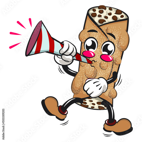 cute cannoli vektor illustration mascot character blow the party horn trumpet, work of hand drawn