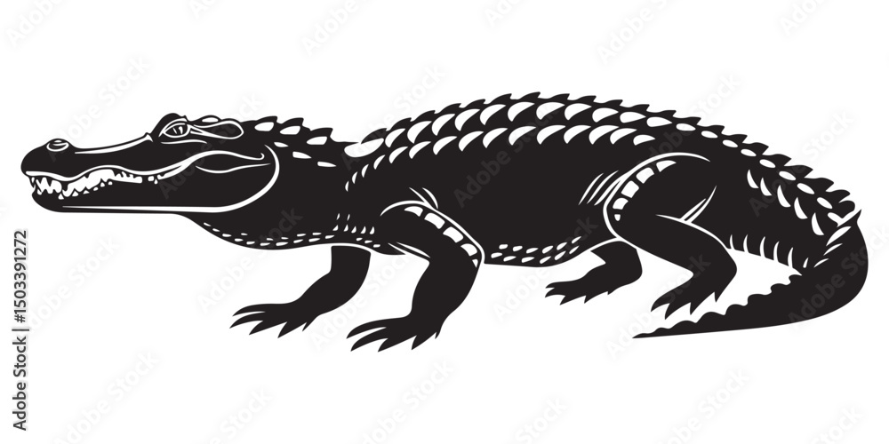 Fototapeta premium Crocodile silhouette vector illustration, isolated black silhouette of a crocodile, alligator vector illustration