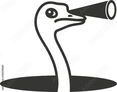 Ostrich peeking through hole using spyglass for exploration and discovery concept