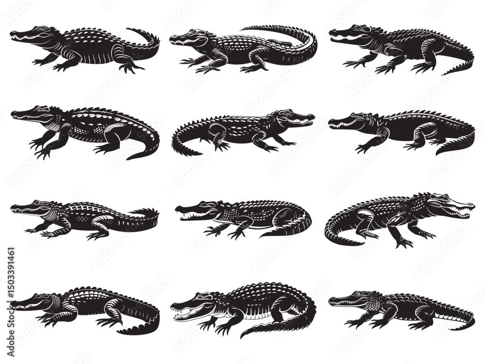 Fototapeta premium Crocodile silhouette vector illustration, isolated black silhouette of a crocodile, alligator vector illustration