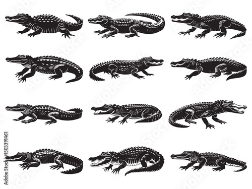 Crocodile silhouette vector illustration, isolated black silhouette of a crocodile, alligator vector illustration