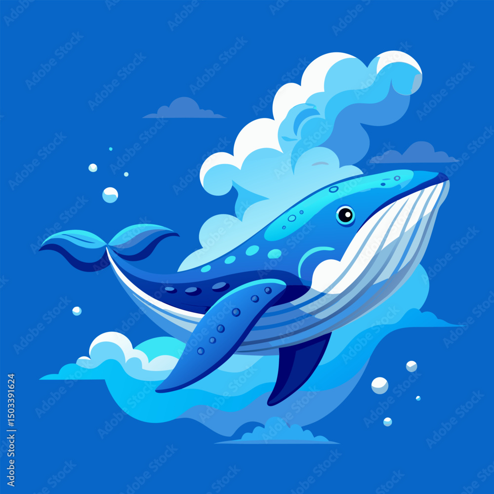 Fototapeta premium Cute cartoon shark and dolphin marine animal illustration in the blue ocean water