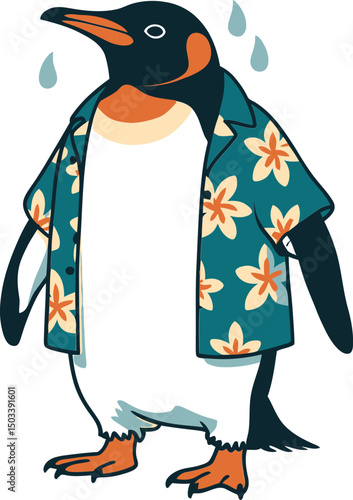 Playful penguin wearing hawaiian shirt looking uncomfortable with water droplets depicting sweat