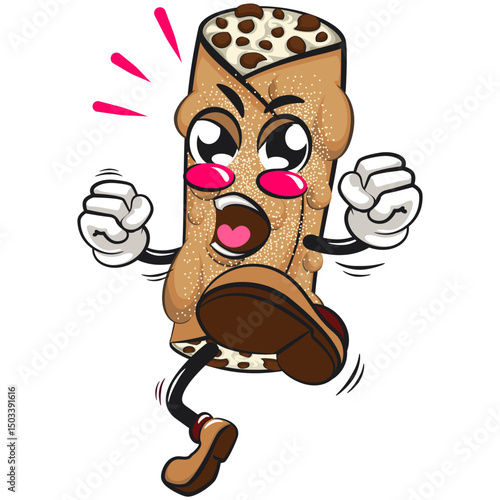 cute cannoli vektor illustration mascot character jumping and kicking, work of hand drawn