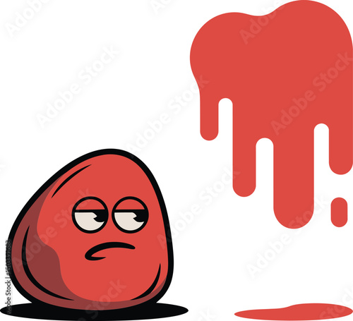 Red cartoon character with a dissatisfied expression next to dripping abstract shape