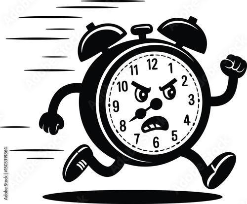 Running alarm clock character expressing urgency and speed in black and white style