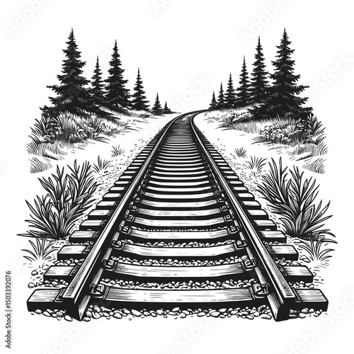 Vintage Illustration of Railroad Tracks Leading Through a Forest