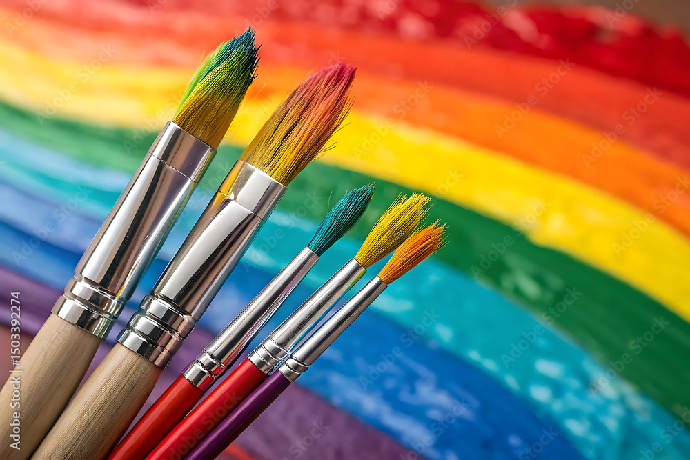 Fototapeta premium Rainbow paint brushes on colorful acrylic background