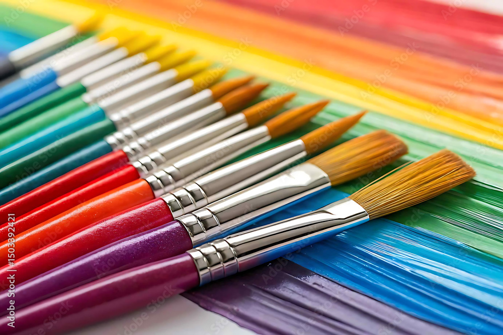 Fototapeta premium Colorful paintbrushes on a rainbow painted background