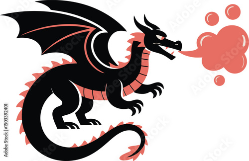 Vector illustration of a black and red dragon exhaling fire on a white background