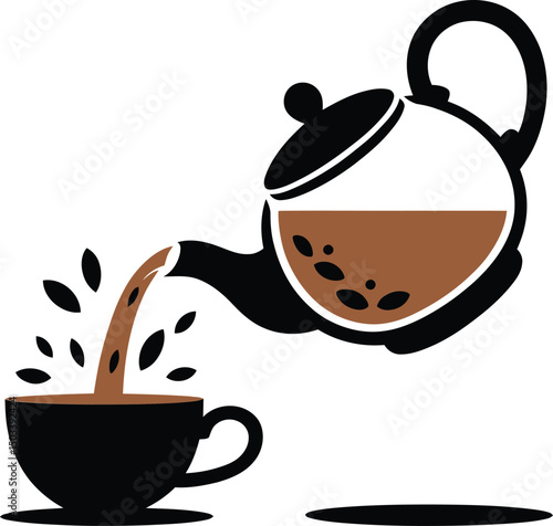 Vector illustration of a teapot pouring coffee into a cup of coffee for morning refreshment.