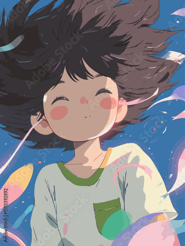 a dreamy portrait of a young person wearing a simple T-shirt or hoodie, anime-inspired cel-shading with bold outlines