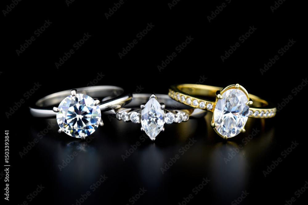 Sparkling diamond rings on black reflective background Sparkling diamond rings on black reflective background
