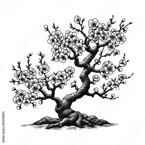 Detailed black and white illustration of a blossoming plum tree