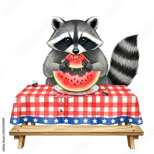 Cute raccoon eating watermelon at picnic table isolated on white background