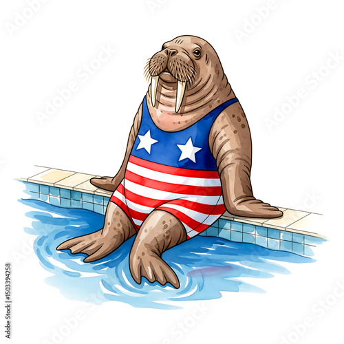 Patriotic walrus in swimming pool isolated on white background