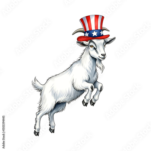 Patriotic goat in uncle sam hat isolated on white background