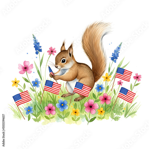 Patriotic squirrel with flowers and flags isolated on white background