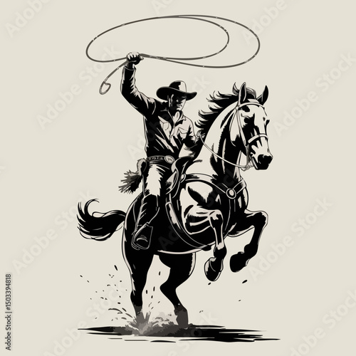 Dynamic Silhouette of Cowboy on Rearing Horse with Lasso – Bold Western Icon in Classic Black and White Rodeo Style	