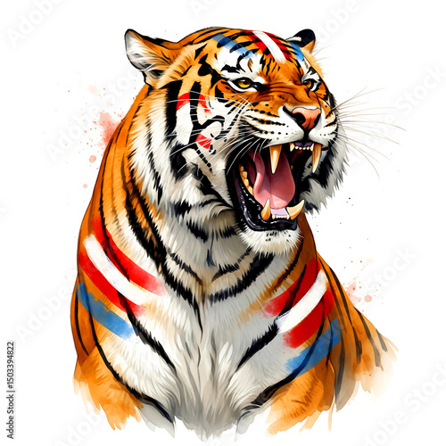 Roaring tiger with colorful stripes isolated on white background
